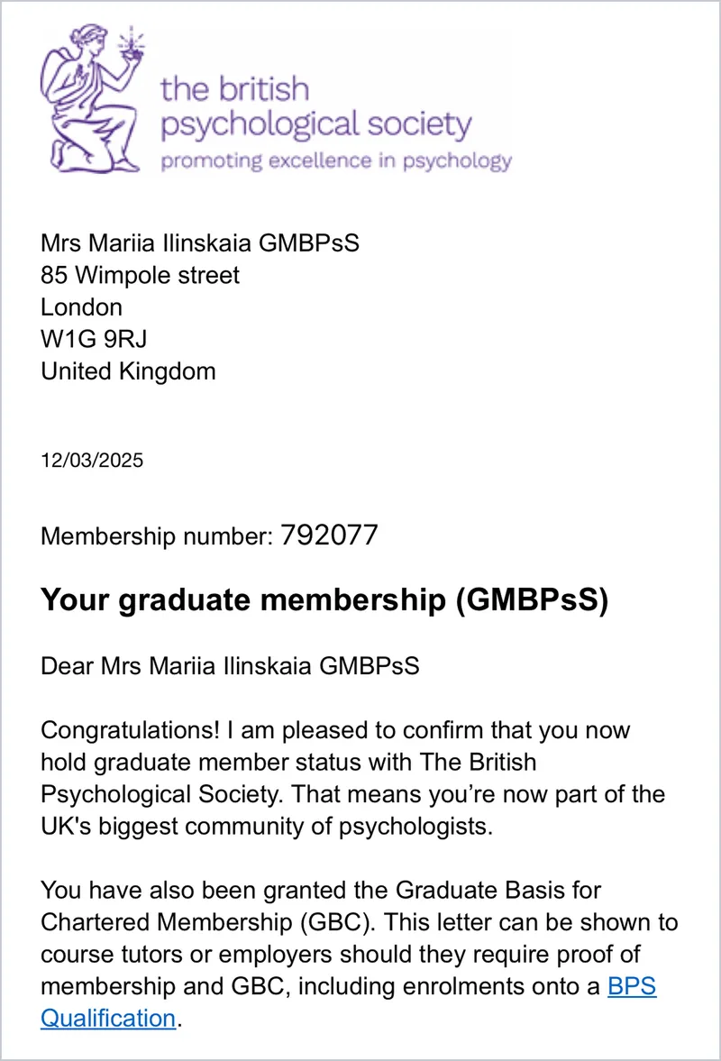 Подтверждение квалификации The British Psychological Society