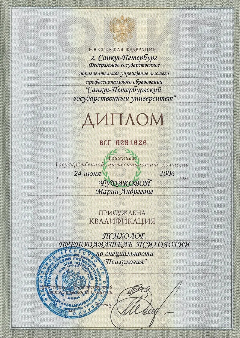 Высшее образование: СПбГУ, Факультет Психологии