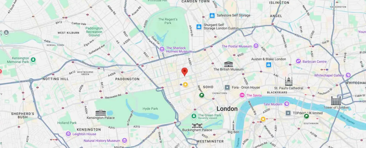 Расположение кабинета психолога на карте Google Maps — 85 Wimpole Street, Marylebone, London